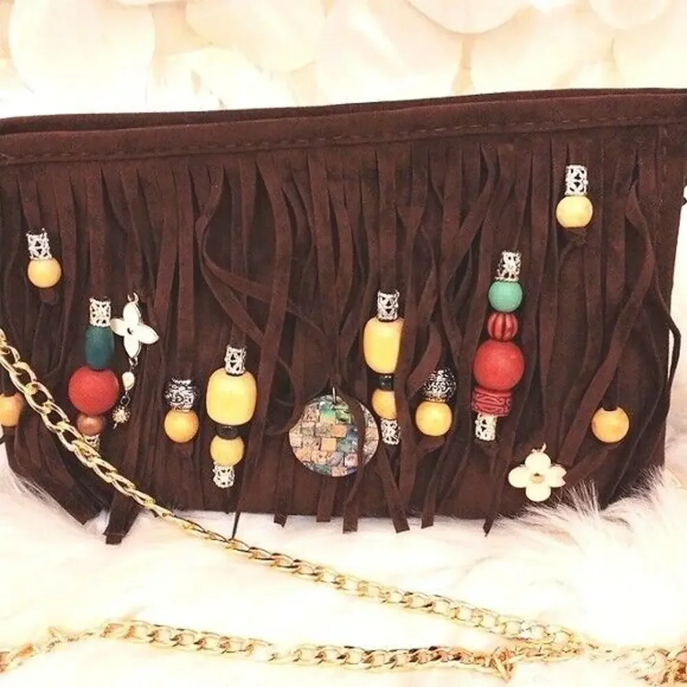 CROSSBODY BROWN Fringed Purse BOHEMIAN Luxury Gold Chain Charms Flower Gypsy NEW